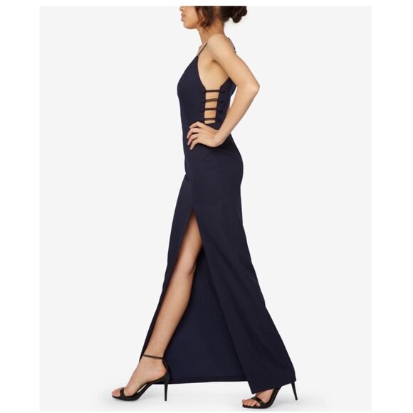 FAME AND PARTNERS Dress Size 0 Maxi Gown Navy Side Slit Buttons Evening NWT - Picture 1 of 16